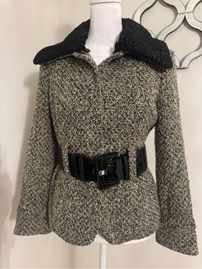 Alfani Black-Collar Bouclé Pea Coat with Patent Belt